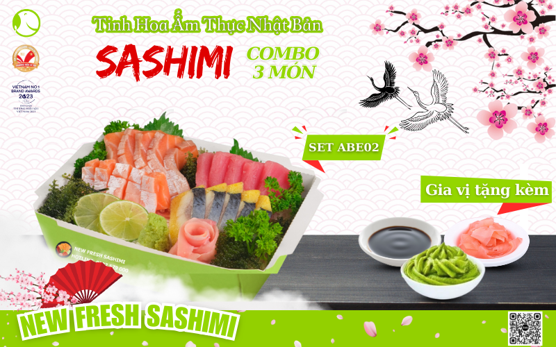 Set sashimi gồm 10 miếng Lườn bụng cá hồi, 5 miếng Cá ngừ, 5 miếng Cá trích ép trứng, 1 set nước chấm 