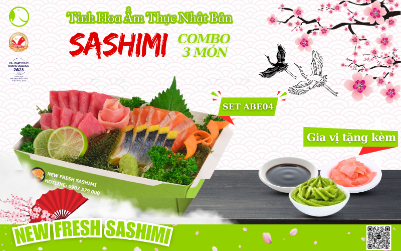 Set sashimi gồm 5 miếng Lườn bụng cá hồi, 10 miếng Cá ngừ, 5 miếng Cá trích ép trứng, 1 set nước chấm 