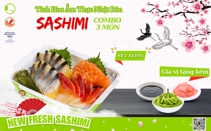 Set sashimi gồm 5 miếng Cá hồi Nauy, 10 miếng Cá trích ép trứng, 5 miếng Sò đỏ, 1 set nước chấm 